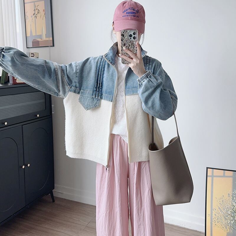 【outer】ハイネックニットドッキングデニムジャケット Q6481