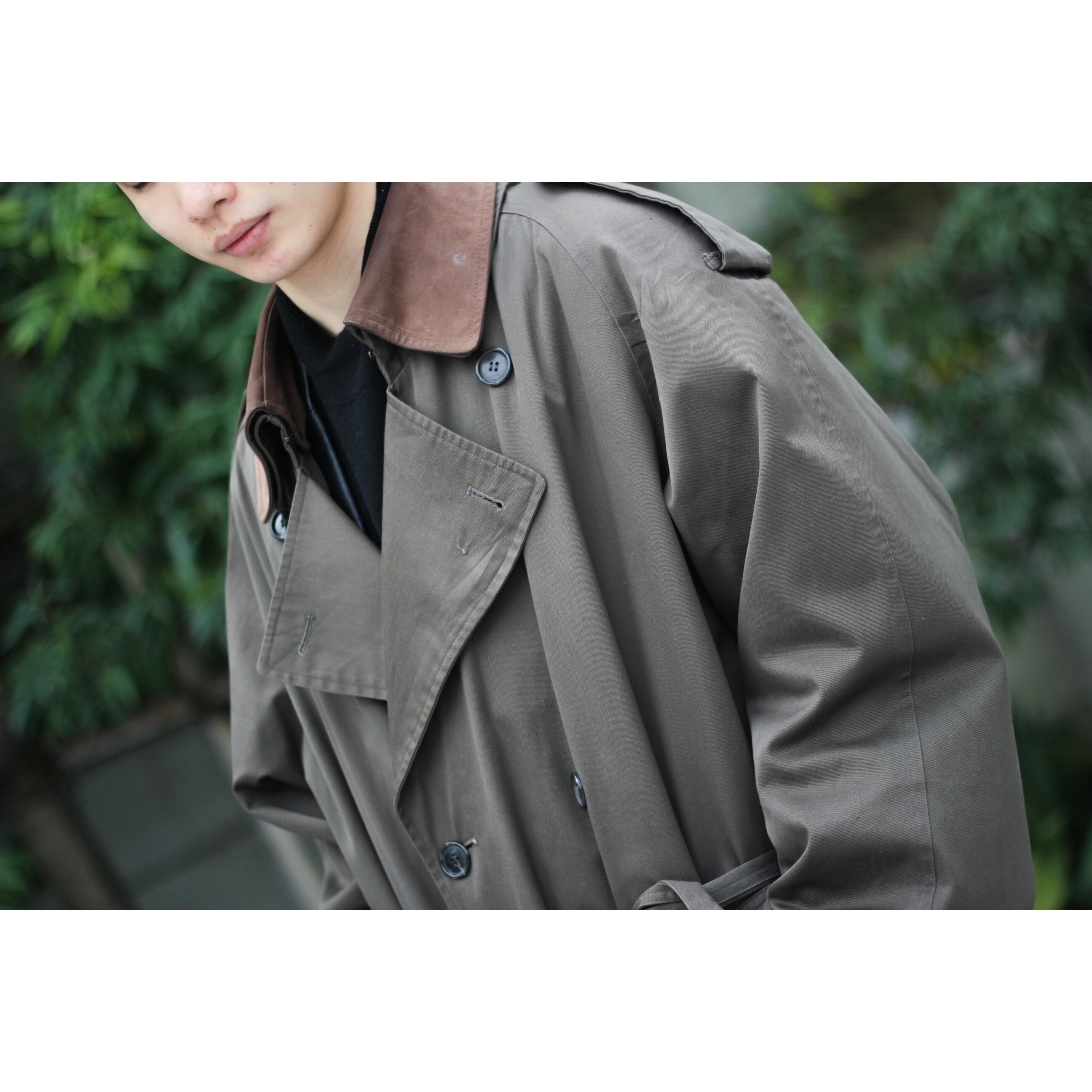 1990's Pierre Cardin オリーブ×ブラウン 襟レザー スムース オーバー