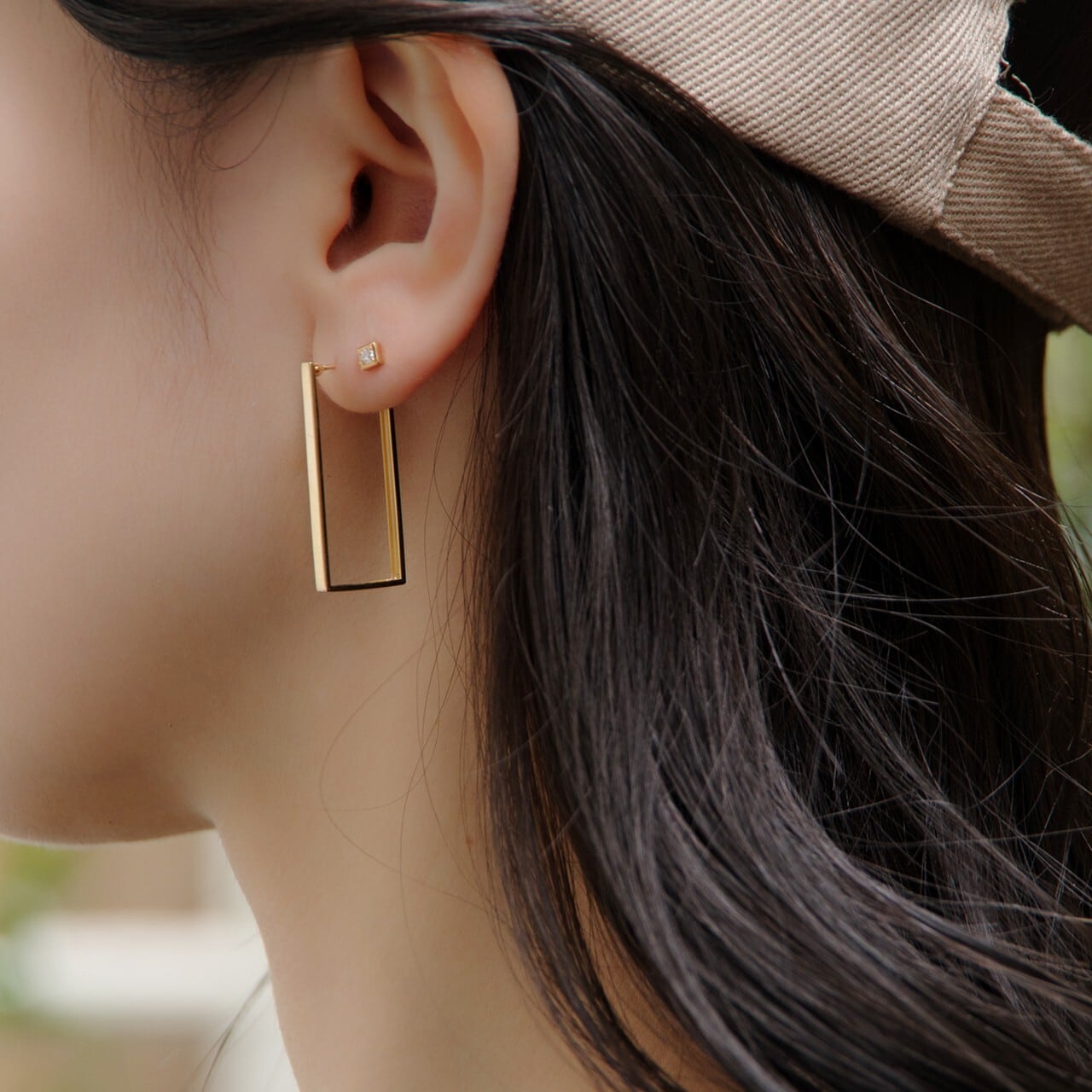 K18イエローゴールド レクタングルフープピアス＜Long Type