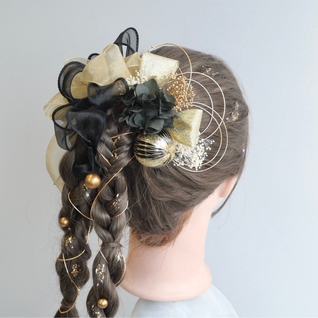 A173 オーガンジーリボン　ドライフラワー　黒　ゴールド　髪飾り 卒業式　成人式　振袖　結婚式　