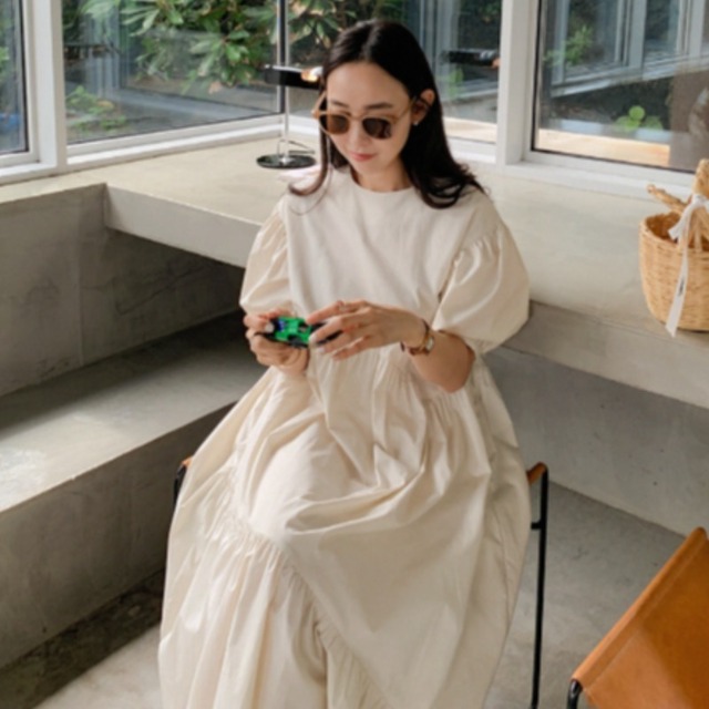 ラウンドネックプリーツスリーブドレス サマールーズロングスカート エレガント 夏物 Oネック ステッチ 韓国婦人65074524745