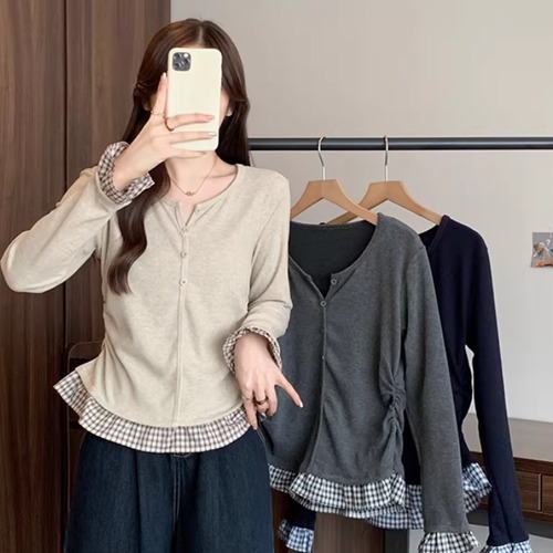 3色／チェックフリルハーフボタントップス ・74320