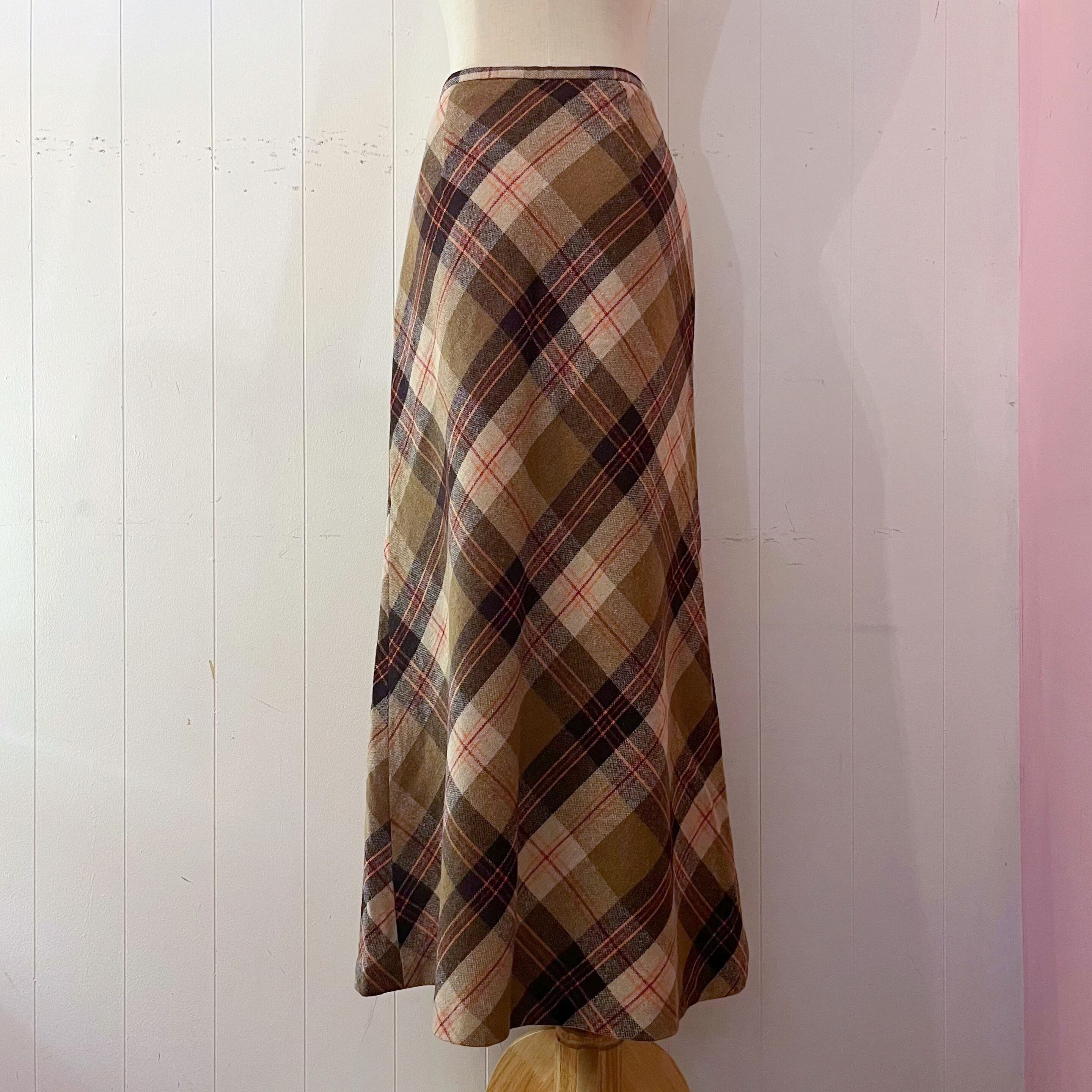 orange check wool long skirt