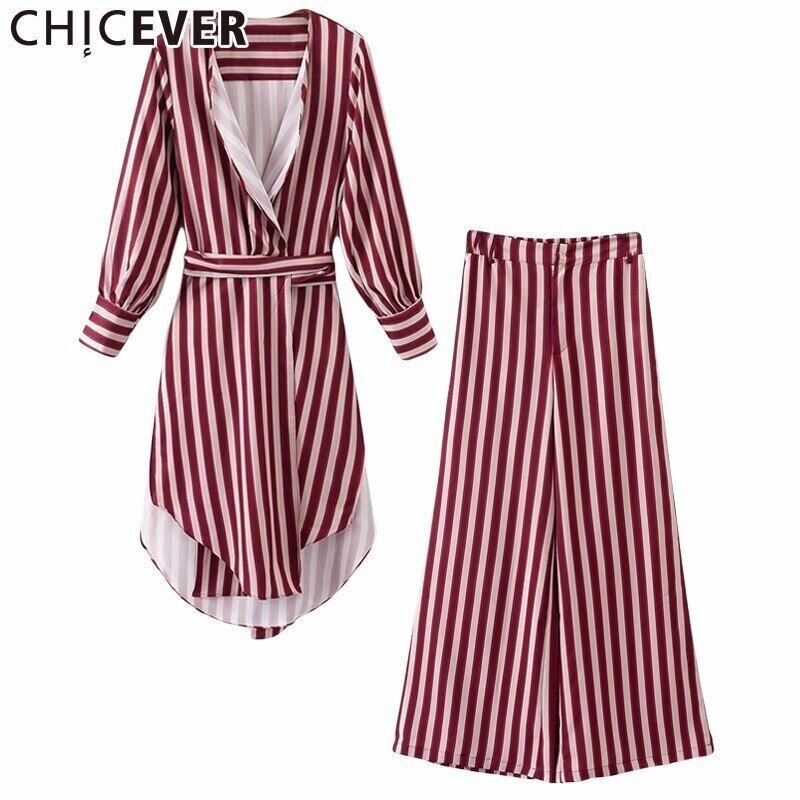 CHICEVER秋の2ピースセット女性非対称スプリットストライプ長袖コートウエストワイドレッグパンツ ロング オータム 秋物 ワイドパンツ 6base549757285200