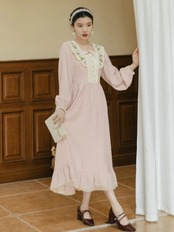 【0044】Retro Floral Collar Pink Long Short Sleeve Dress