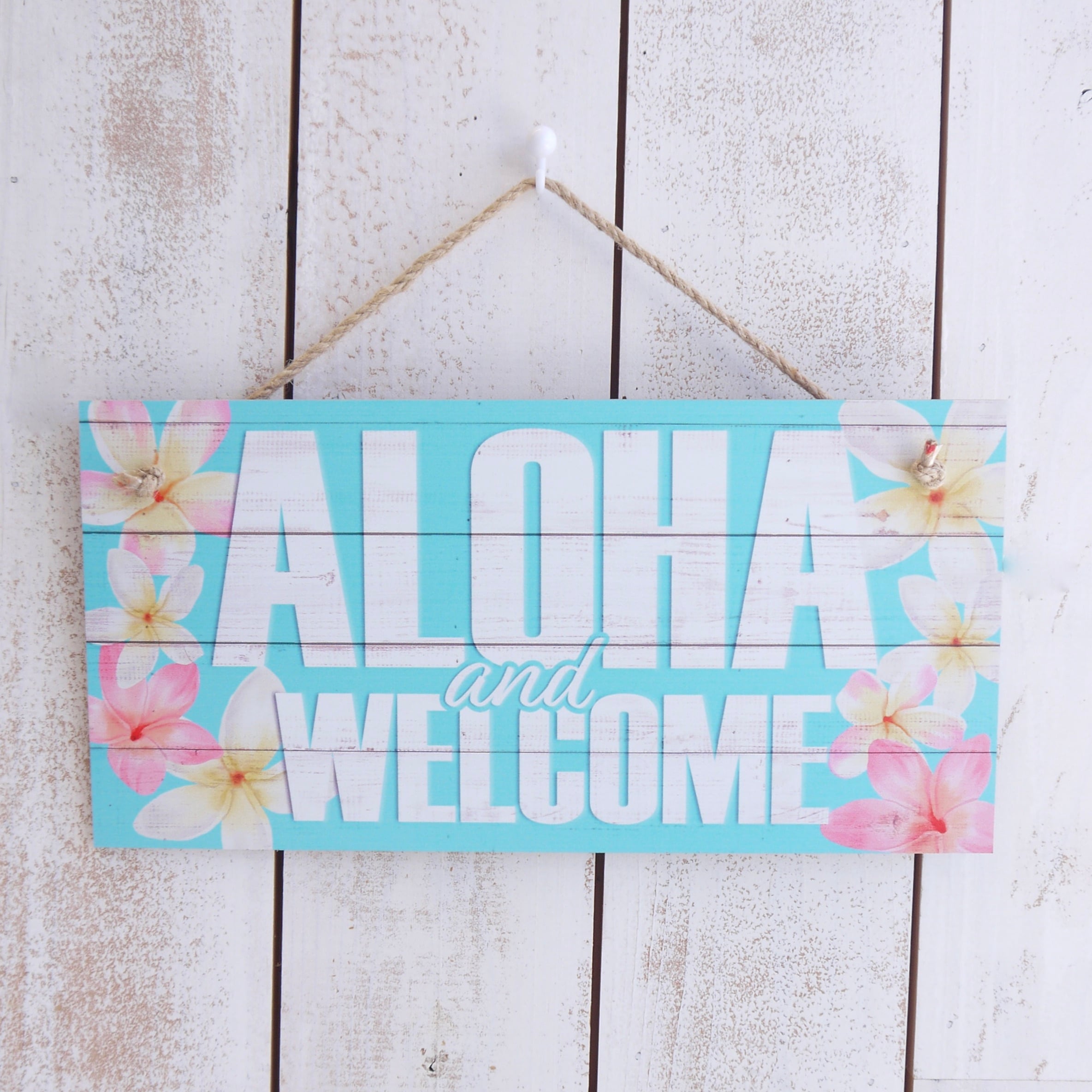 ウェルカムボード サインボード 壁掛け ハワイアンインテリア ハワイアンアート ALOHA ハワイ雑貨 Mサイズ<プルメリア>