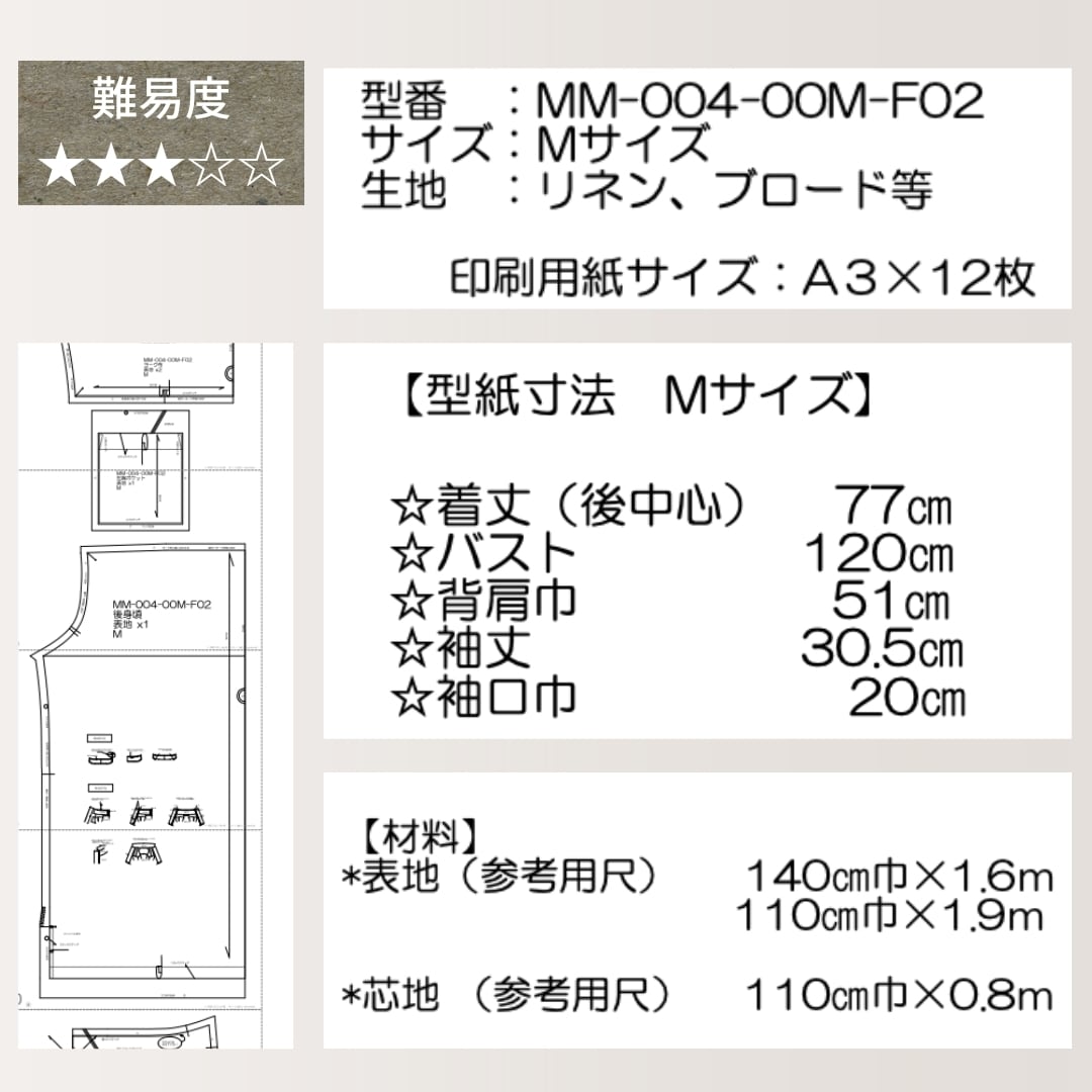 型紙 メンズオープンカラーシャツMサイズ（布帛）MM-004-00MD | 生地の