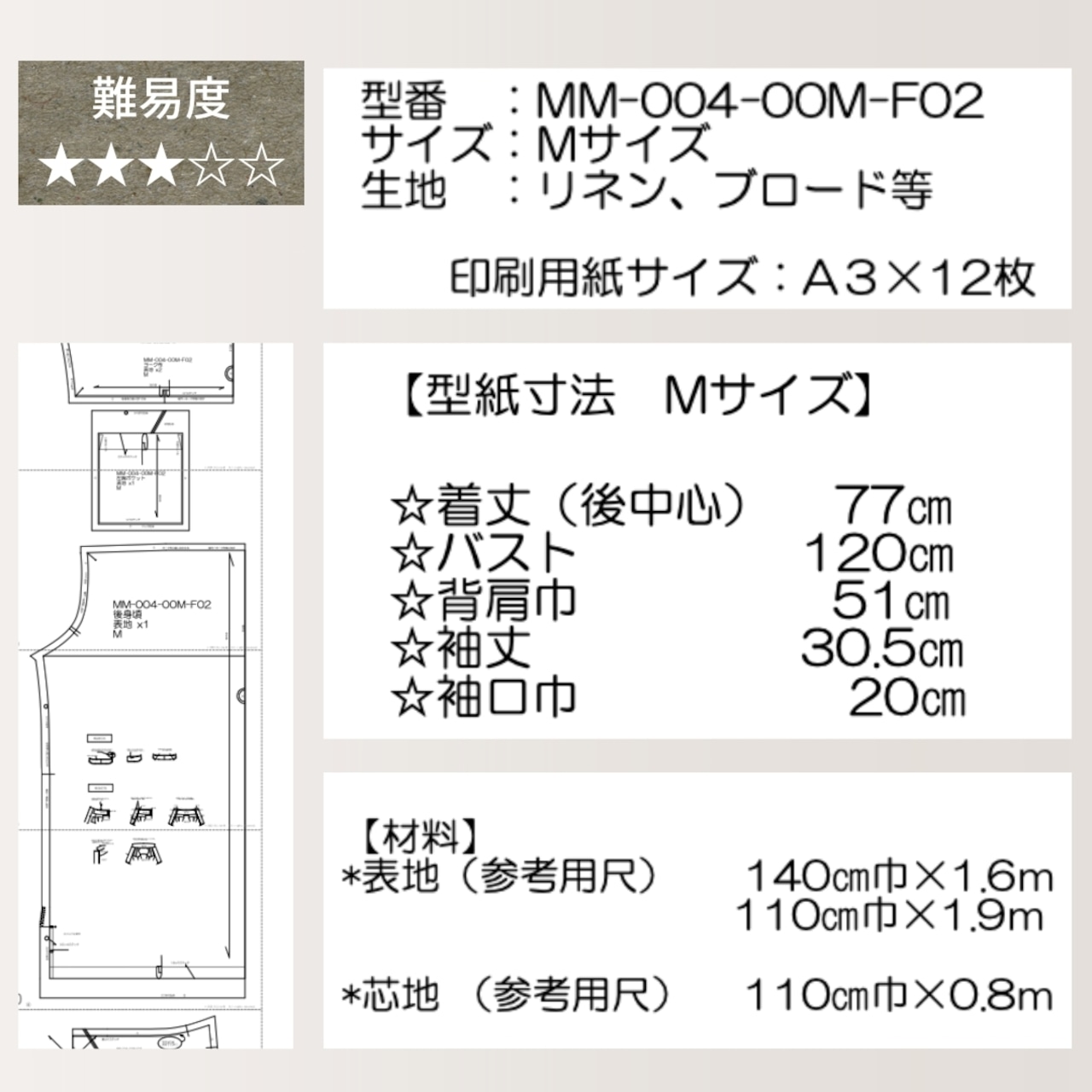MM-004-00MD-型紙-メンズオープンカラーシャツMサイズ（布帛）（ダウンロード版）