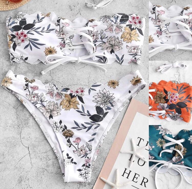 送料無料 3色展開 ビキニ 水着 フラワー 花柄 プリント スカラップ レース レースアップ ストラップ バンドゥ バンドゥビキニ 夏 砂浜 ビーチ プール セクシー オレンジ ブルー 青 ホワイト 白 Sunnyssnappy