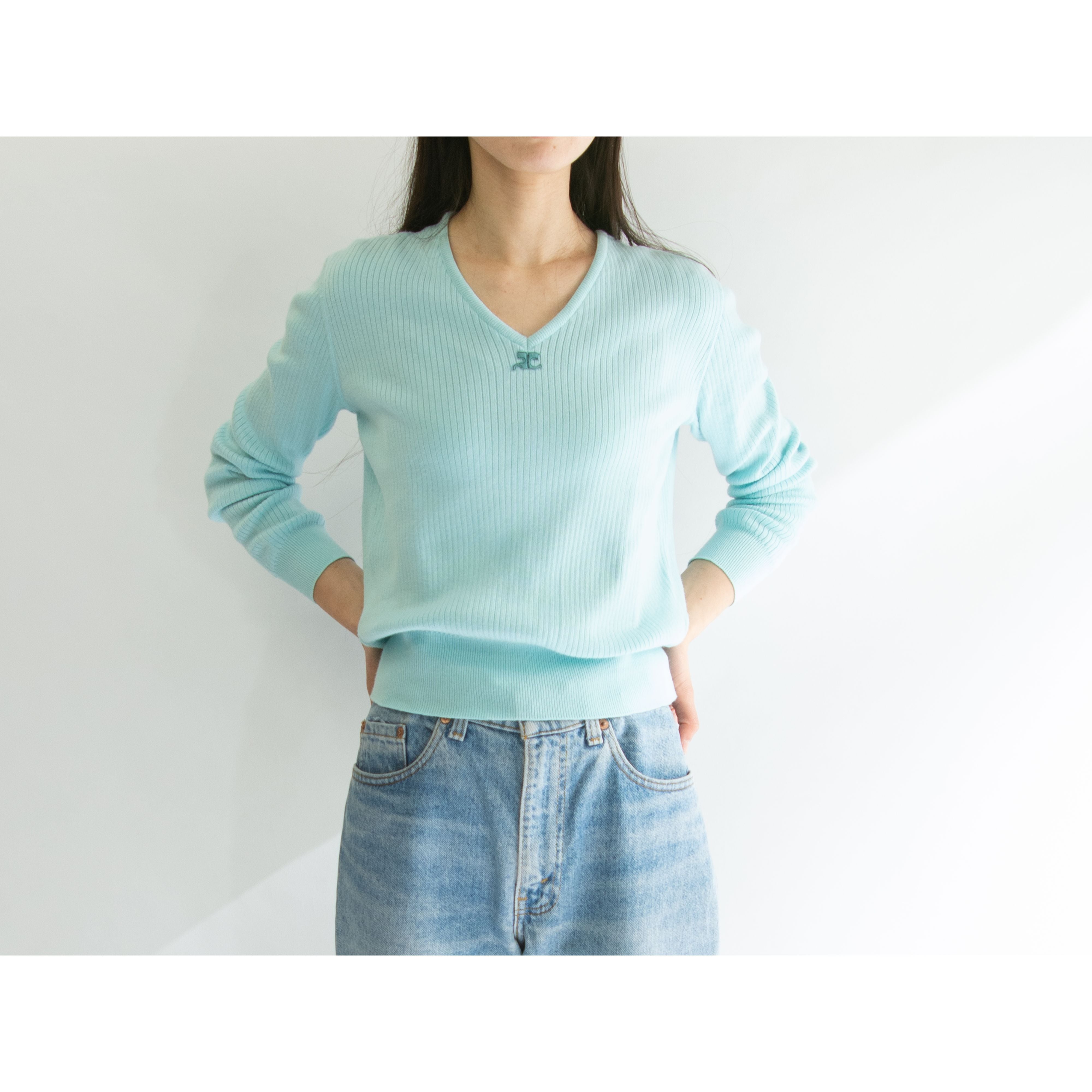 【courreges paris】Made in France 70's Acrylic-Cottn V-neck Sweater（クレージュ フランス製アクリルコットンVネックセーター ニット）