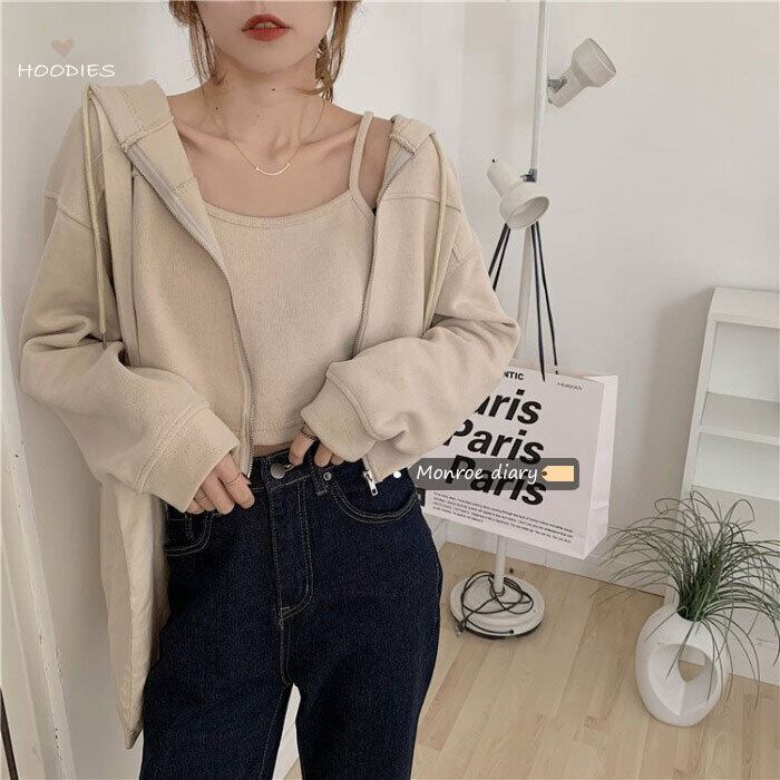 スタンダードフードジャケット スプリングルーズショートトップス ロング レトロ ストリート 春物 モンロー3461378619