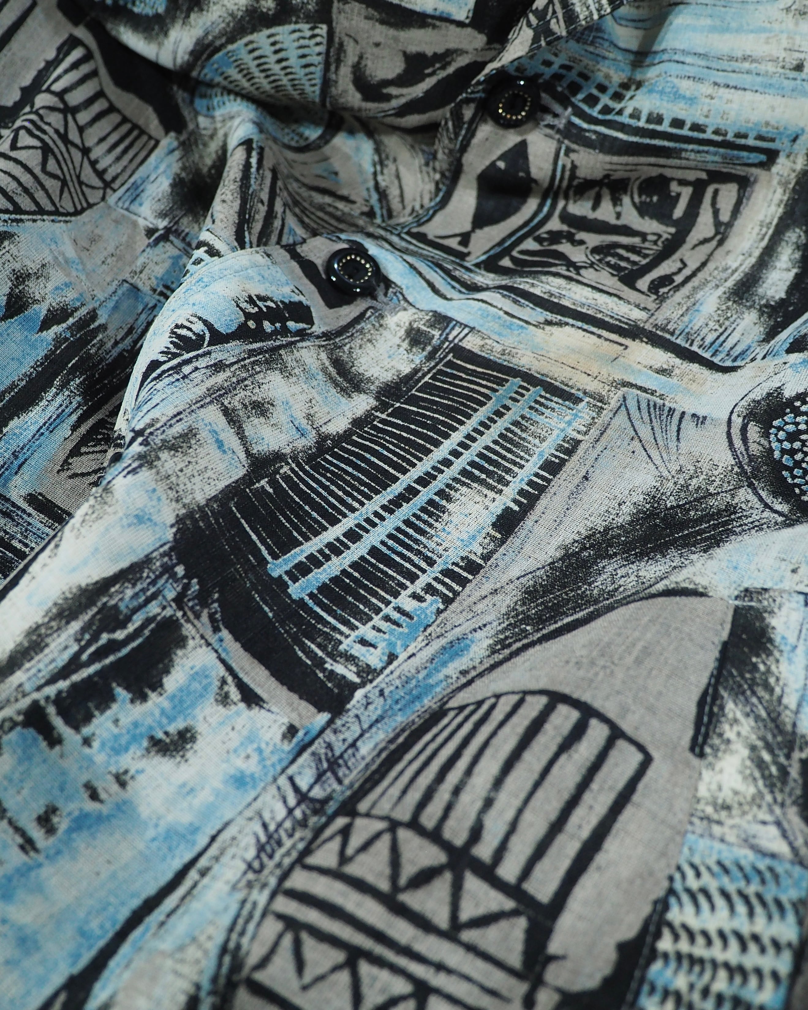 1980 - 90s Cold tone Ink painting vintage loose SS Open collar Shirt