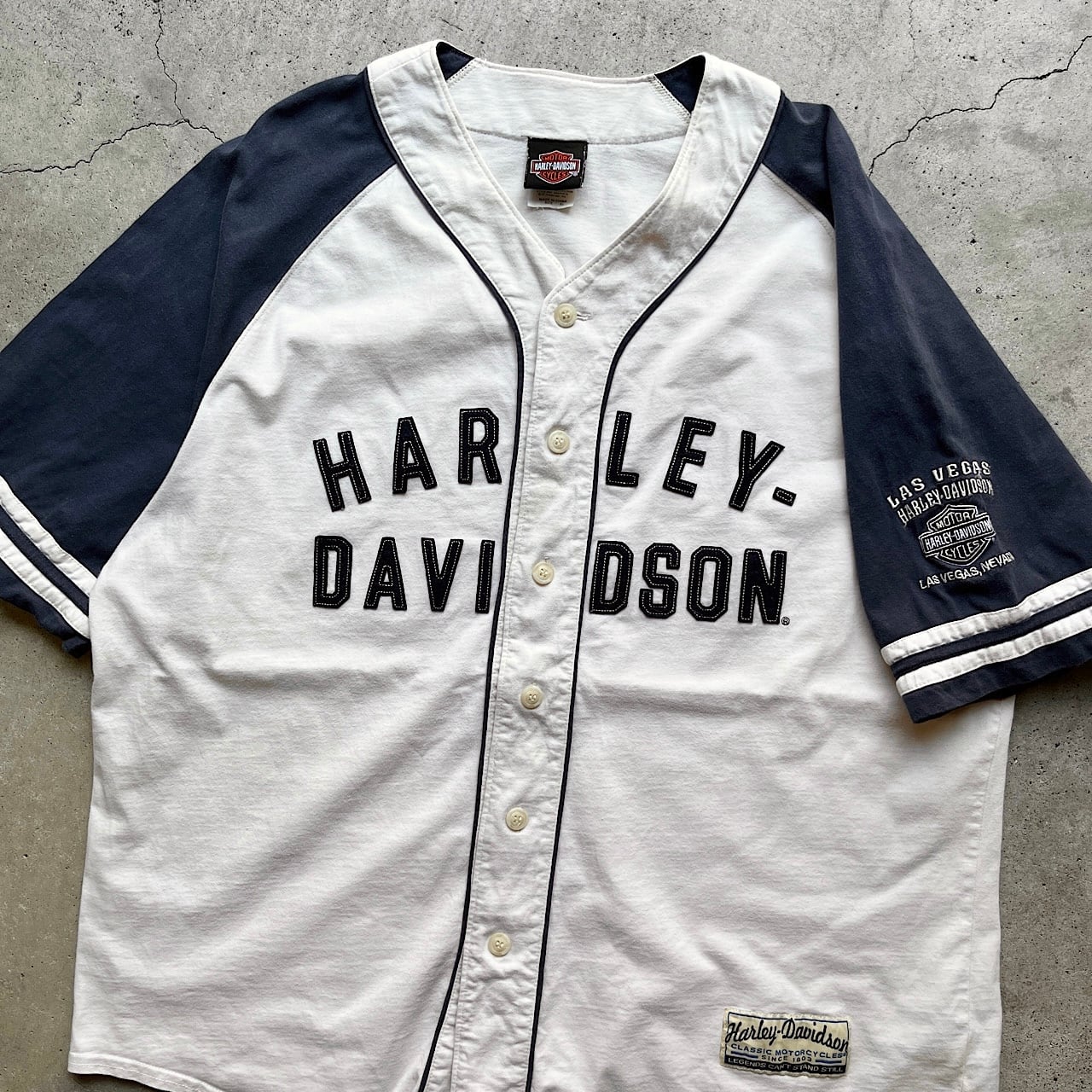 Harley Davidson ハーレーダビッドソン ロゴワッペン コットン ベースボールシャツ メンズXL 古着 アイボリー ネイビー 生成り  紺色半袖シャツ   cave 古着屋公式古着通販サイト