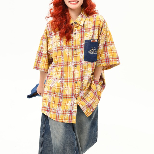 rose design check pattern short sleeve shirt　ローズデザインチェック柄半袖シャツ　J1190