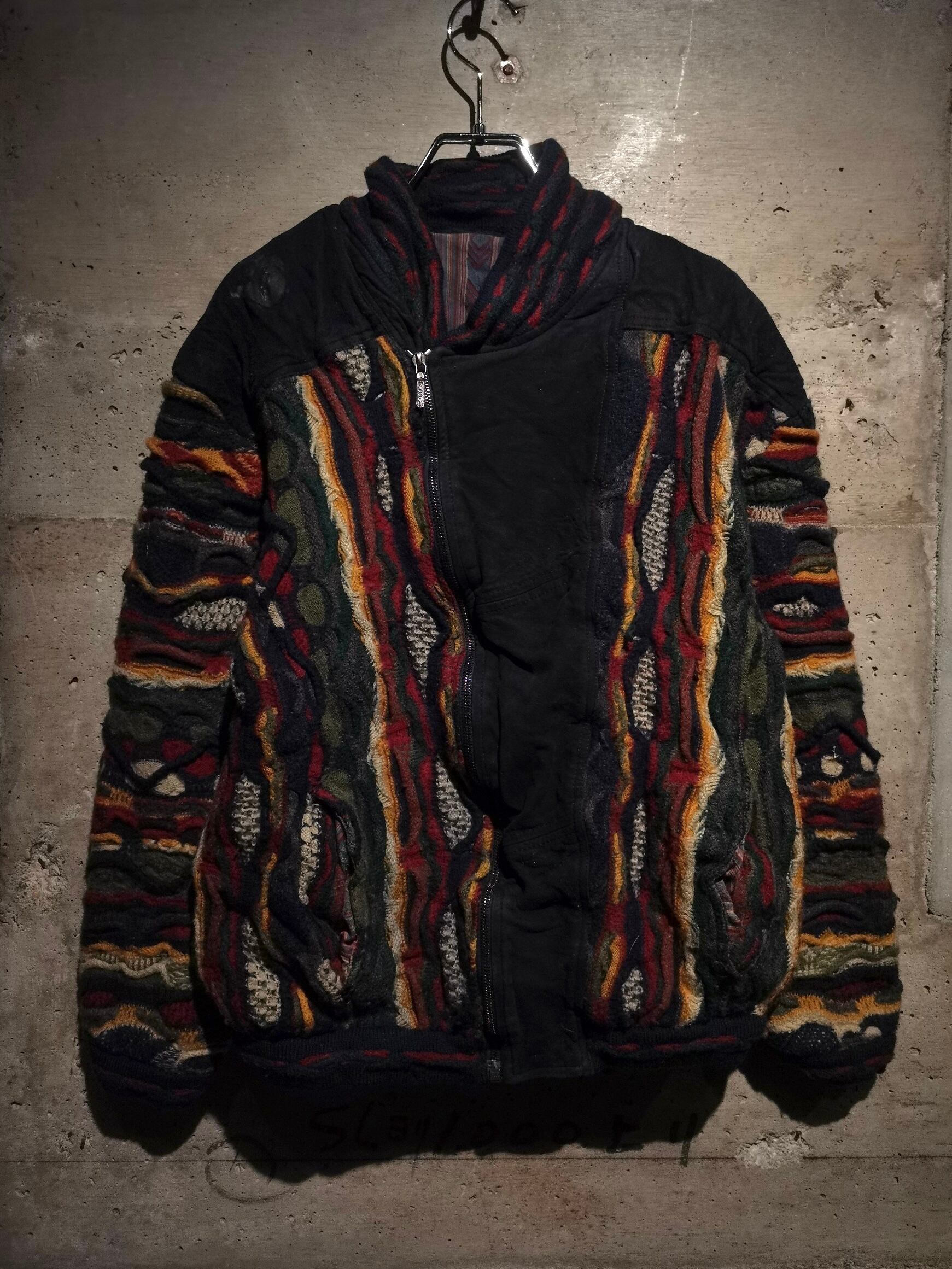 Caka】COOGI Suede Leather Swiching Design Zip Up 3D Knit Jacket 