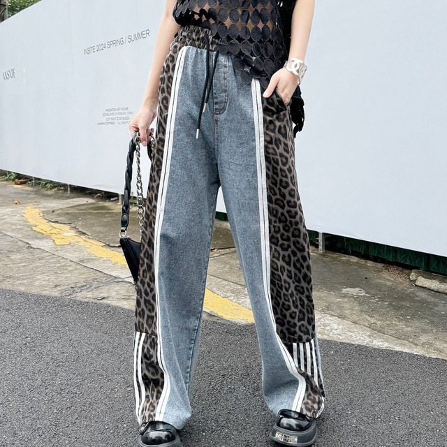 LEOPARD DENIM CONTRAST STITCH CASUAL PANTS 2colors M-13644