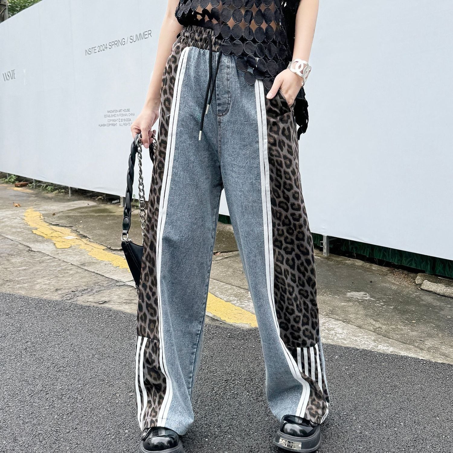 LEOPARD DENIM CONTRAST STITCH CASUAL PANTS 2colors M-13644