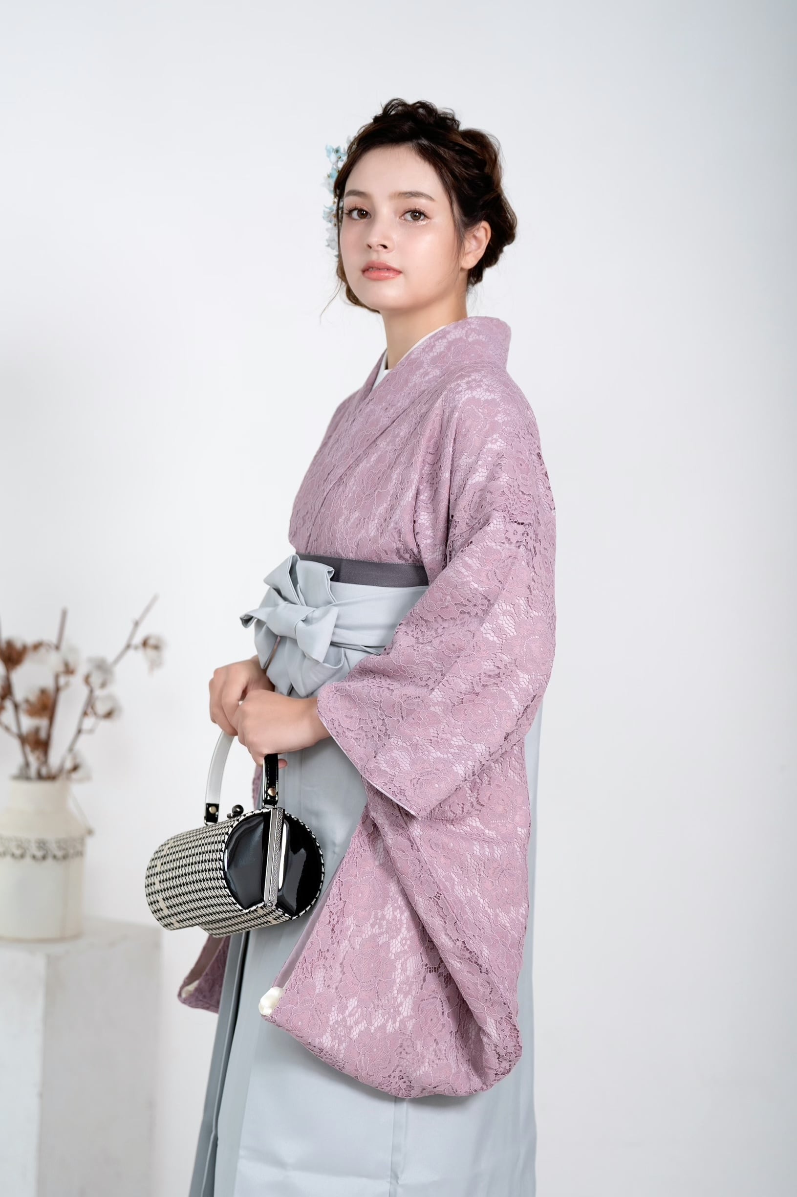 Kimono Sienne 卒業式袴3点セット レース二尺袖 くすみピンクレース×グレー 二尺袖着物 袴 卒業式 | Kimono Sienne