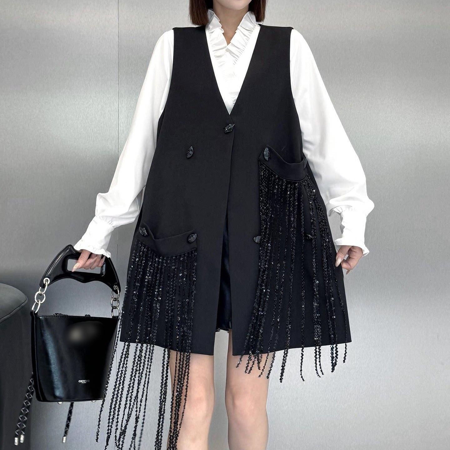 FRINGED EMBELLISHED SLEEVELESS RELAXED FIT VEST M-18733