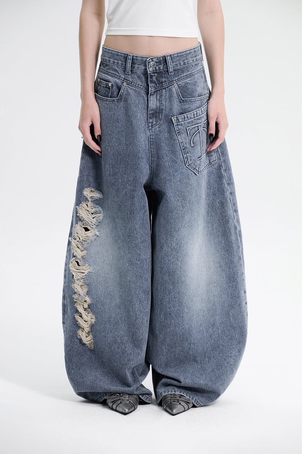 TREEMINGBIRD] Balloon Fit Damage Denim Pants [ Blue ] 正規品
