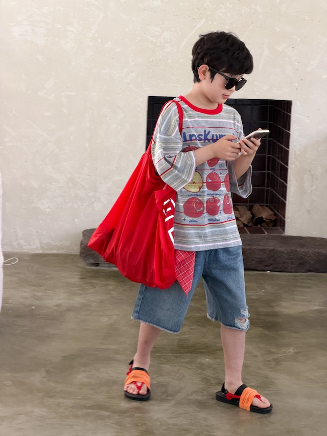 【姉妹服】アップルプリントストライプ半袖Tシャツ／ワンピース - 7