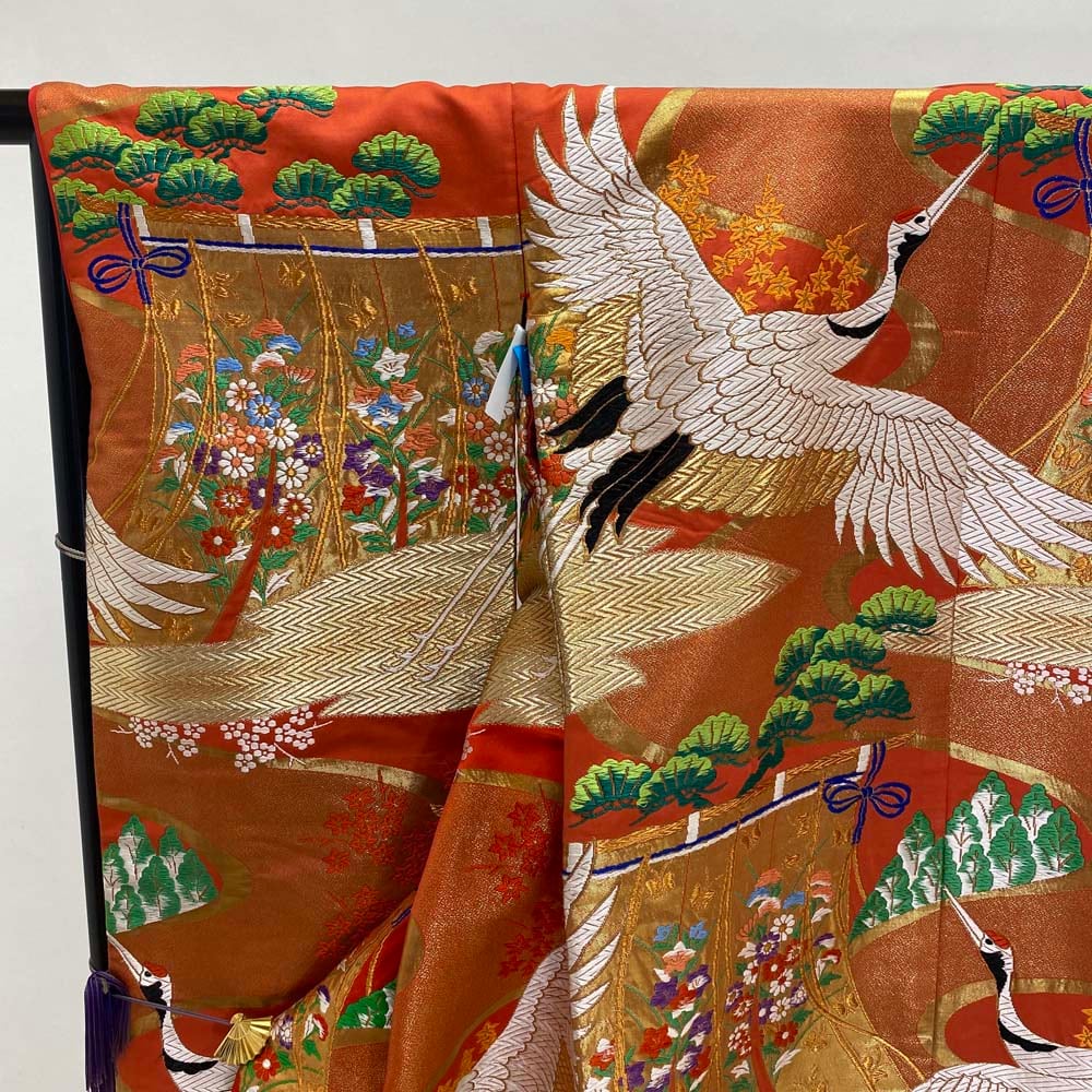 色打掛 正絹 松 鶴 刺繍 金 オレンジ 青海波 打掛 花嫁衣裳 婚礼  