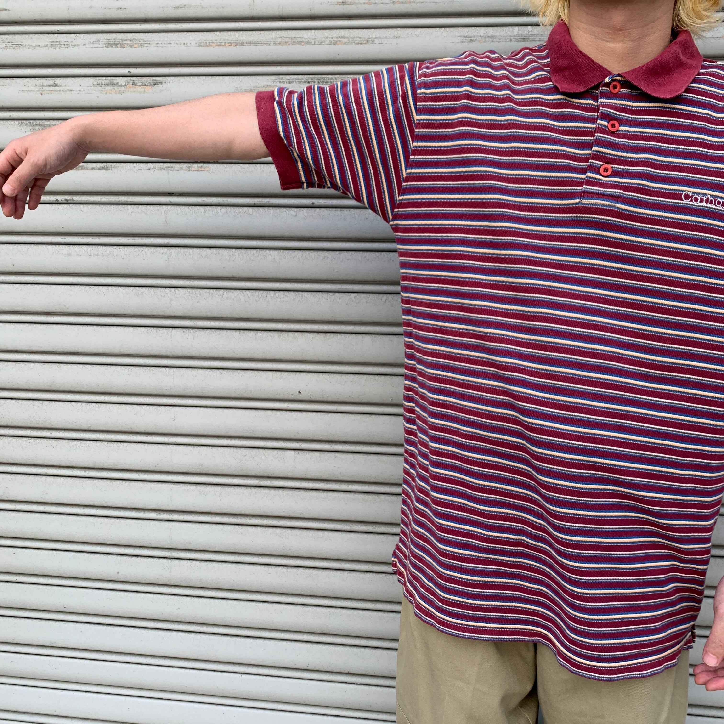 carhartt カーハート マルチボーダー柄ポロシャツ 半袖 ボルドー系 XL