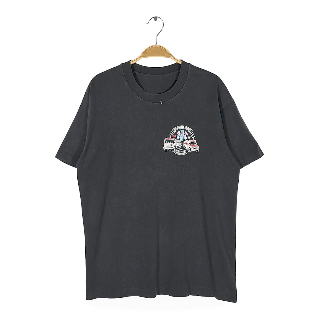 90s 消防士 ファイアファイター ヴィンテージ Tシャツ ブラック STRATHCONA COUNTY シングルステッチ サイズL相当 BZ0695