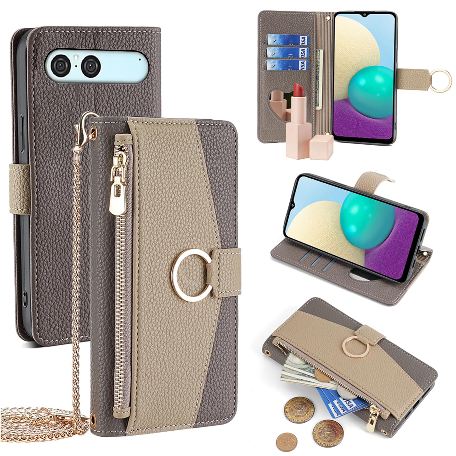 For Xperia 10 VII ケース 手帳型 ショルダー For エクスペリア10vii SO-52F / SOG16 / A502SO 財布型 カバー 肩掛け 斜めがけ 化粧鏡付き 女性 おしゃれ ロングストラップ ジッパー小銭入れ カード収納 横置き 上質な手触り 耐汚れ気質 肌感レザー 防指紋 耐久性 贈り物 COCOCLOUD グレー