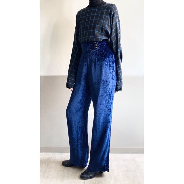 1970s Navy Velvet High Waist Pants