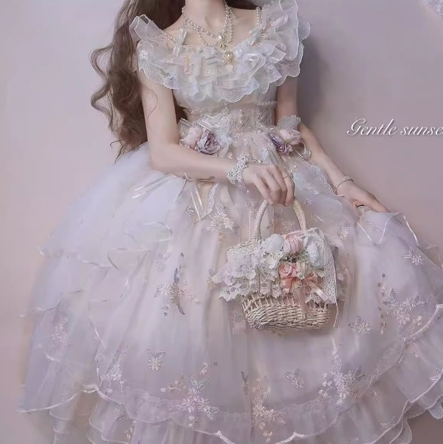 ゆめかわ♡ネックレス&ベール付き花柄刺繍シフォンドレス ゆめかわ♡ネックレス&ベール付き花柄刺繍シフォンドレス