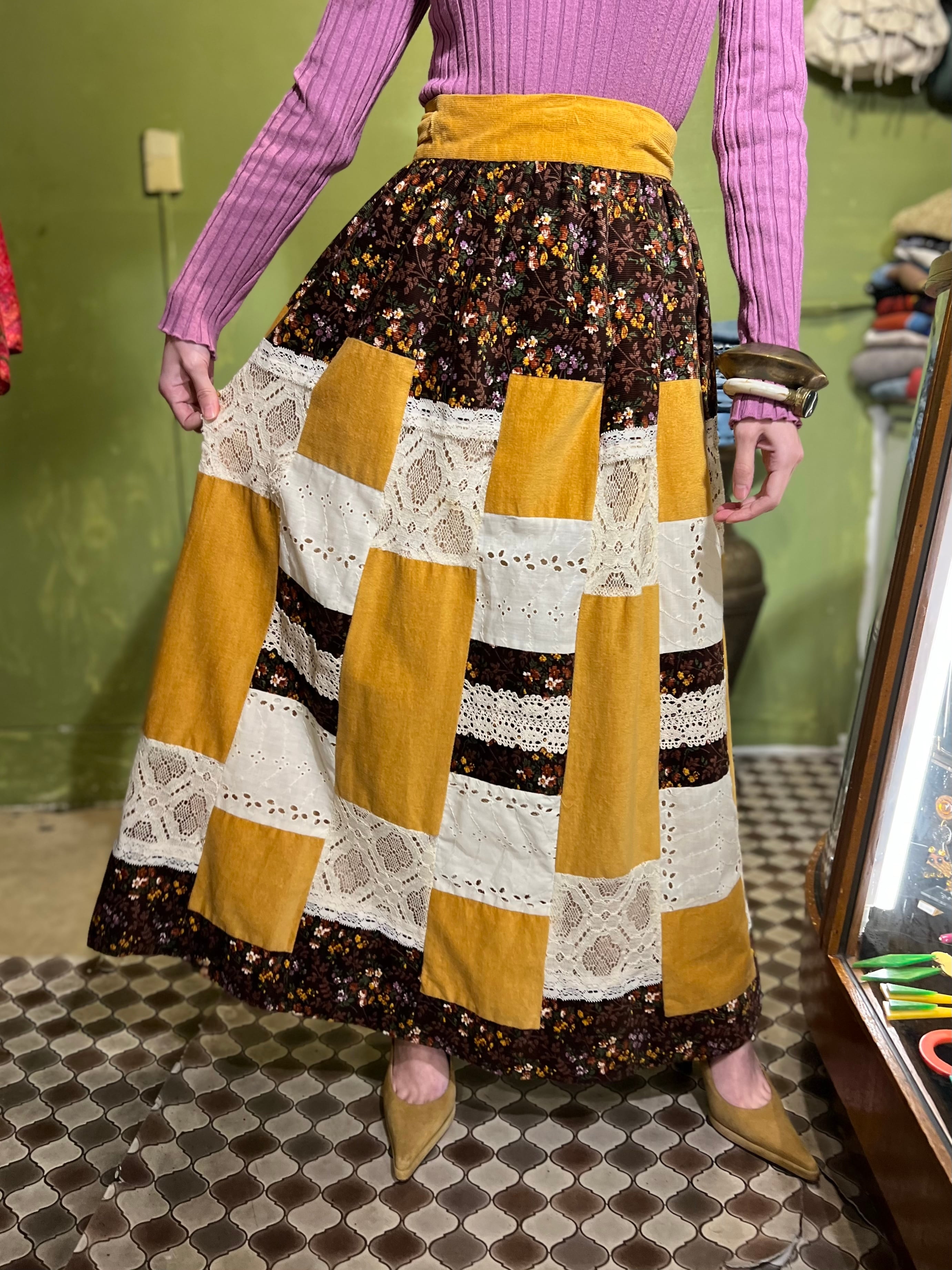 70s mustard × brown × lace patchwork skrit ( ヴィンテージ ...