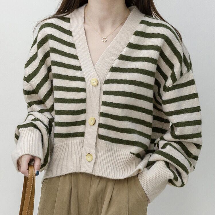 striped short knit cardigan〚 0035 〛