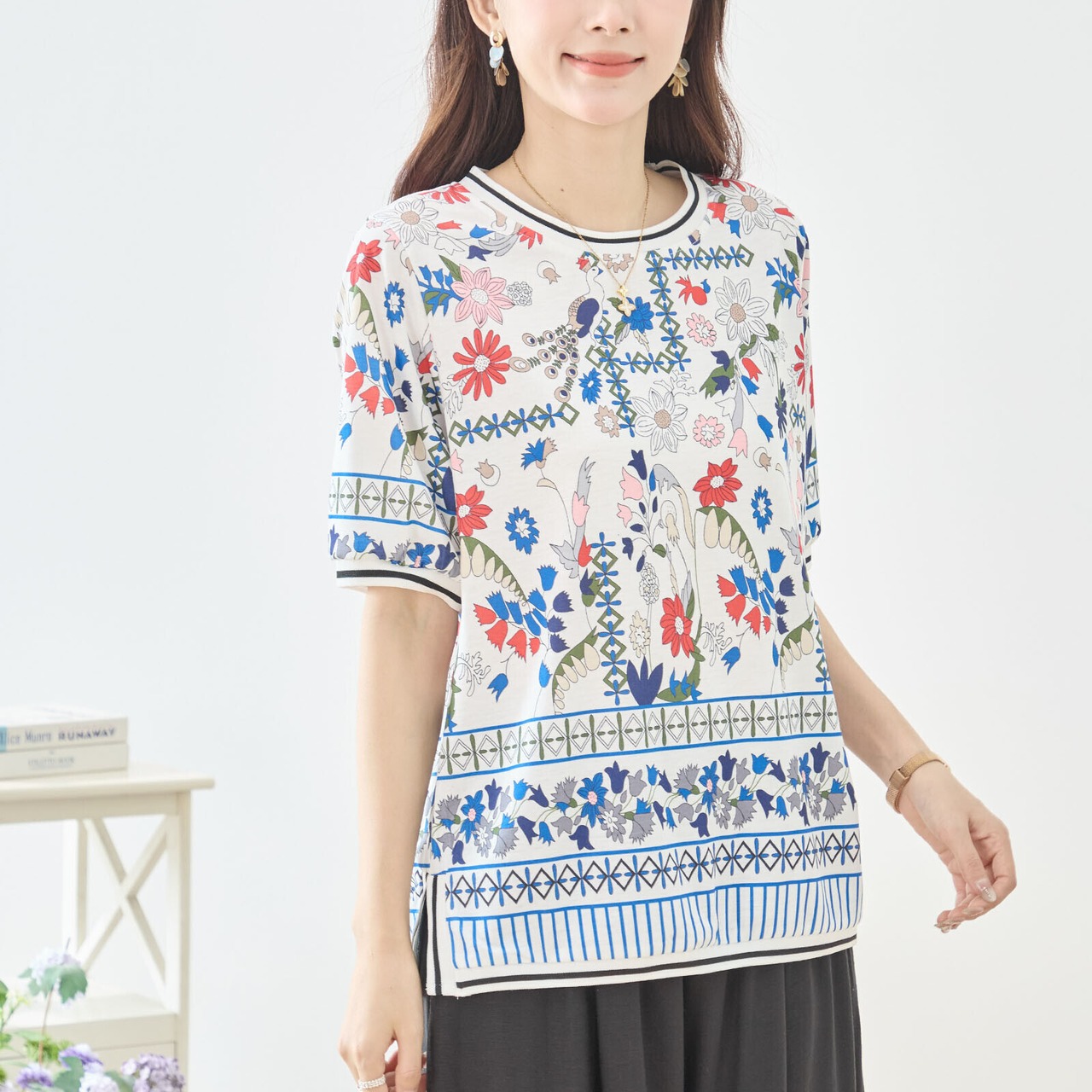 TRUBE ボタニカルプリントTシャツ【M~L】ホワイト