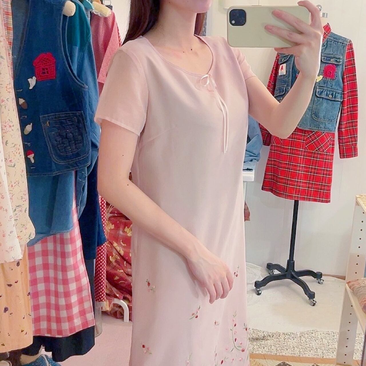 flower embroidery pink sheer one-piece