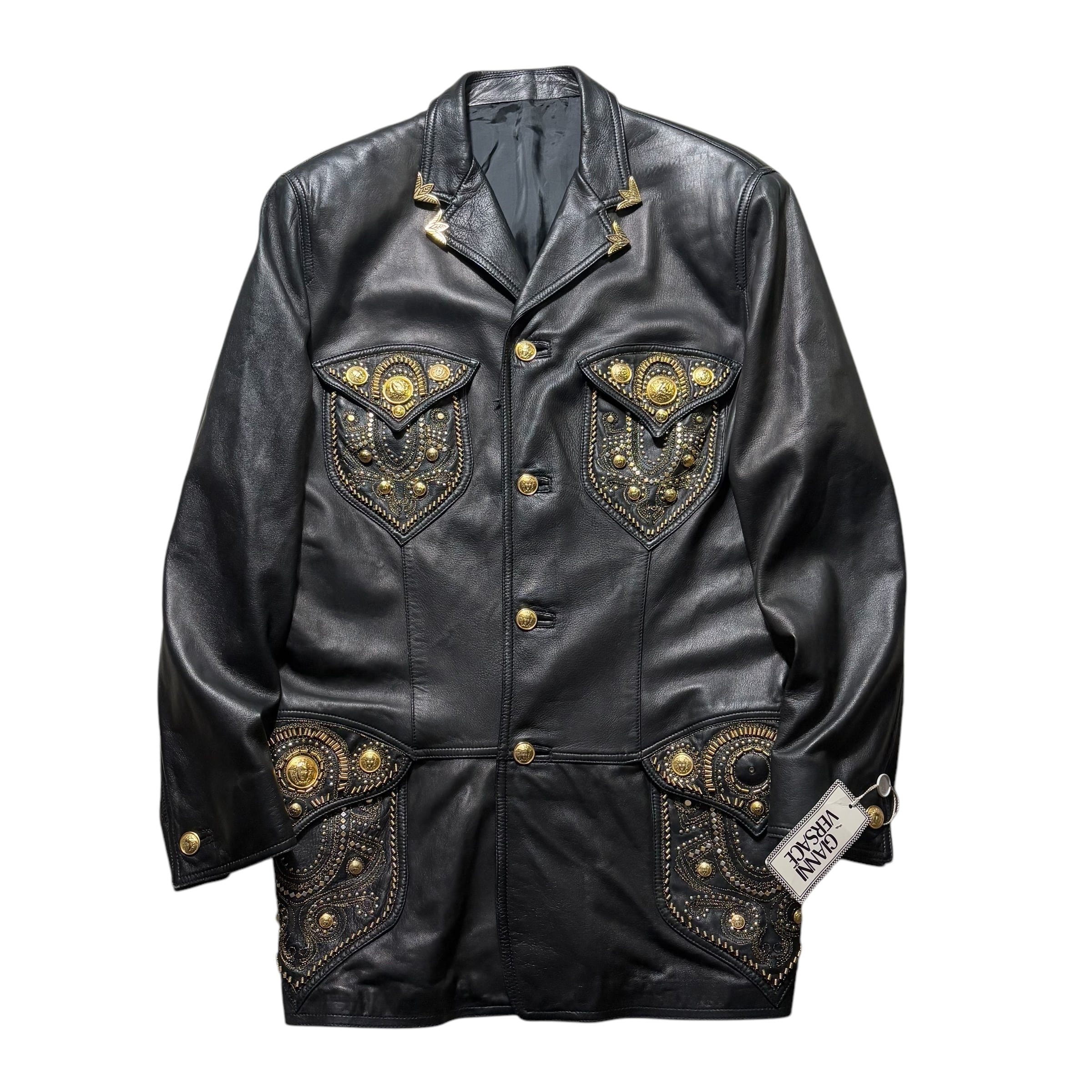 vintage 1993SS GIANNI VERSACE gold studs black leather tailored