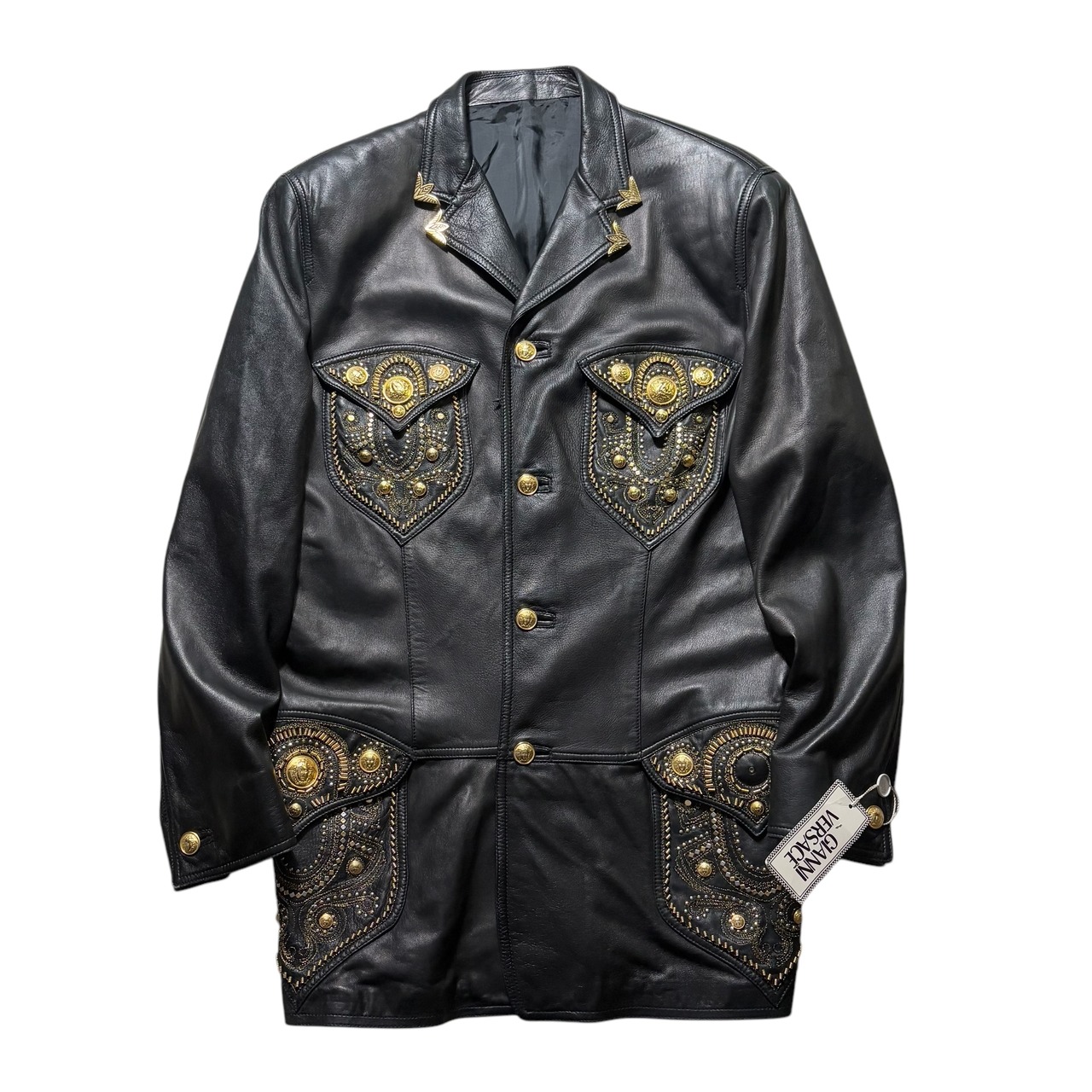 vintage 1993SS GIANNI VERSACE gold studs black leather tailored jacket