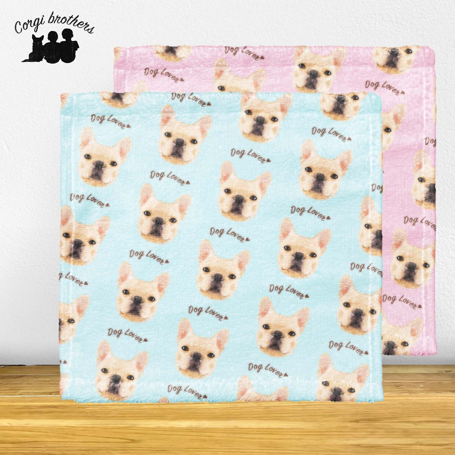 フレンチブルドッグ 毛色6色 】 タオルハンカチ ピンク＆ブルー2枚