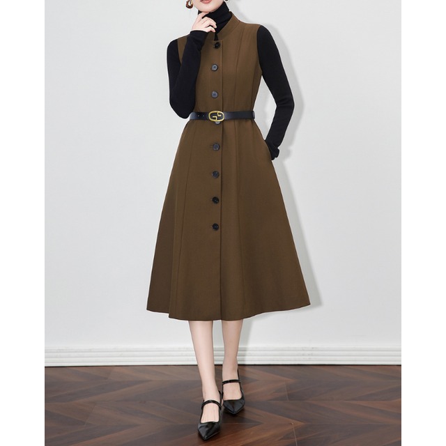 Sleeveless A Line Midi Dress Belted Front Button 2Colors 30115