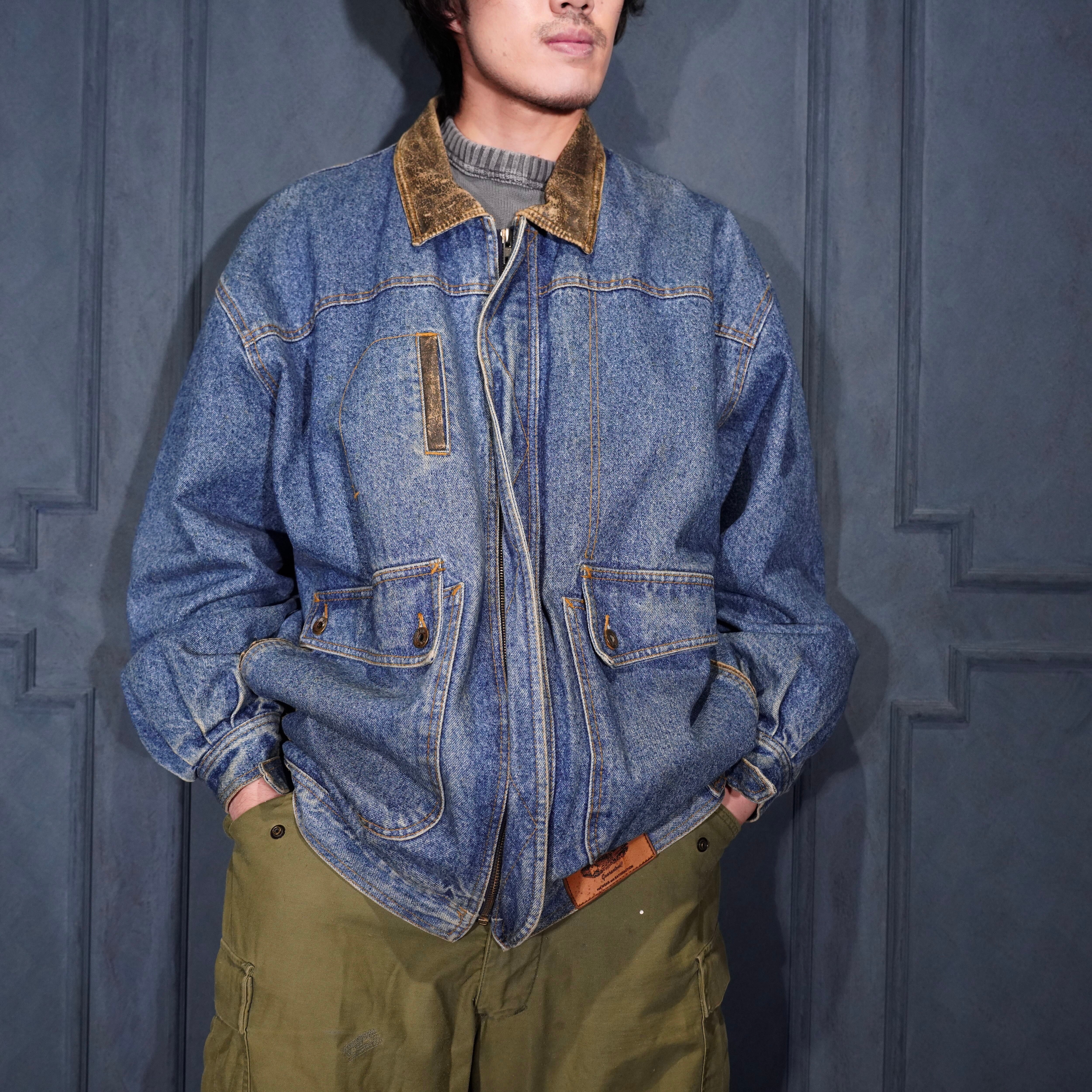 90's USA VINTAGE Lee LEATHER COLLAR ZIP UP DESIGN DENIM BLOUSON/90