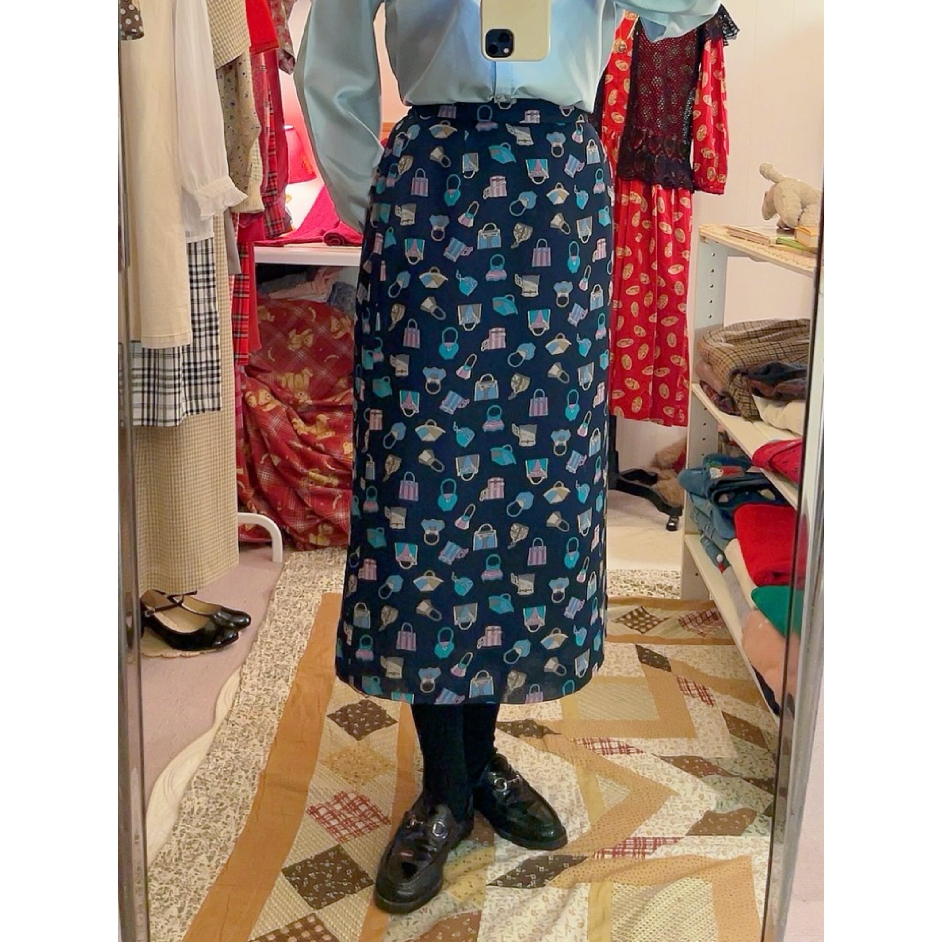navy retro hand bag sheer skirt