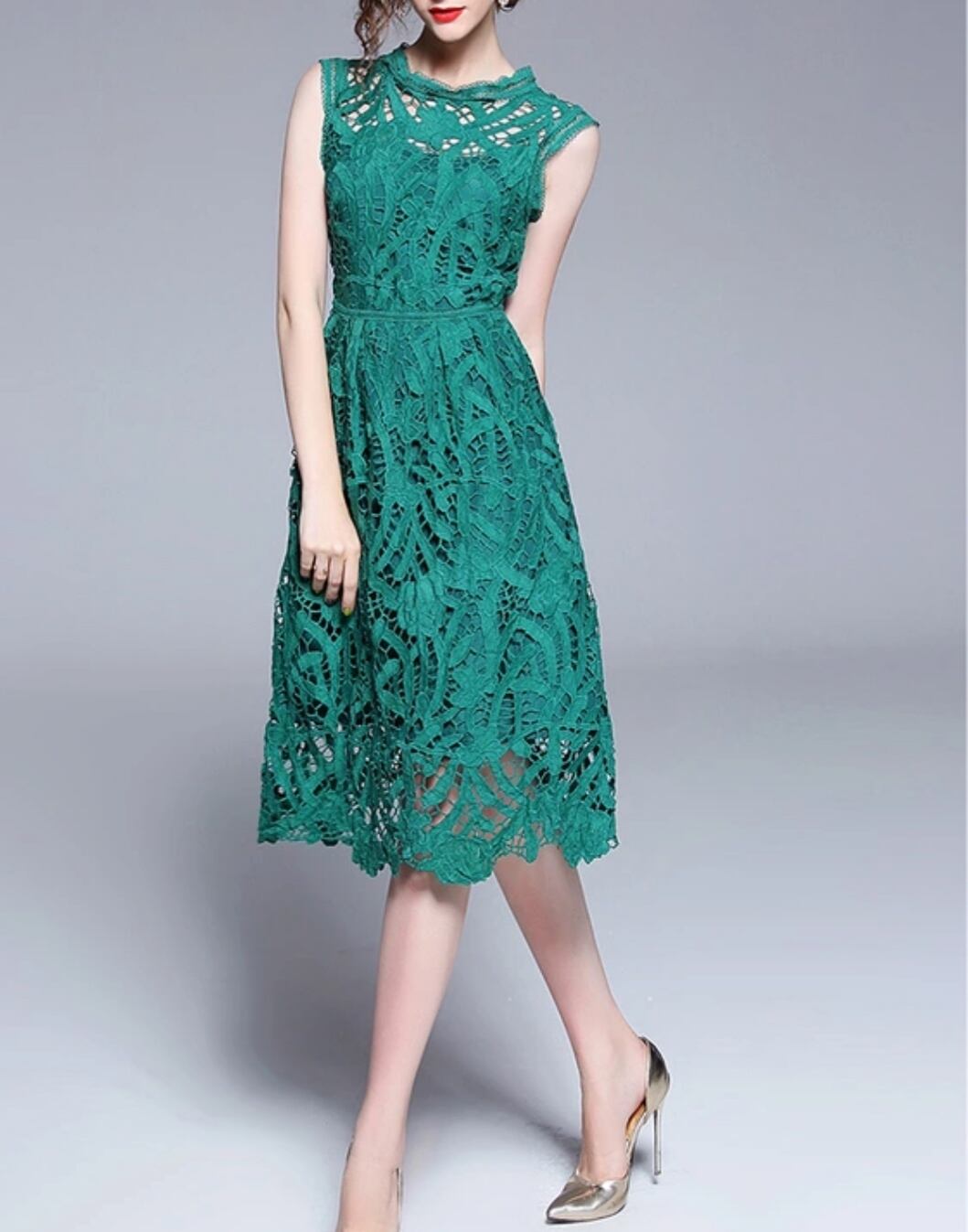 即納 グリーン レース ワンピース Aライン Salon De Lumian
