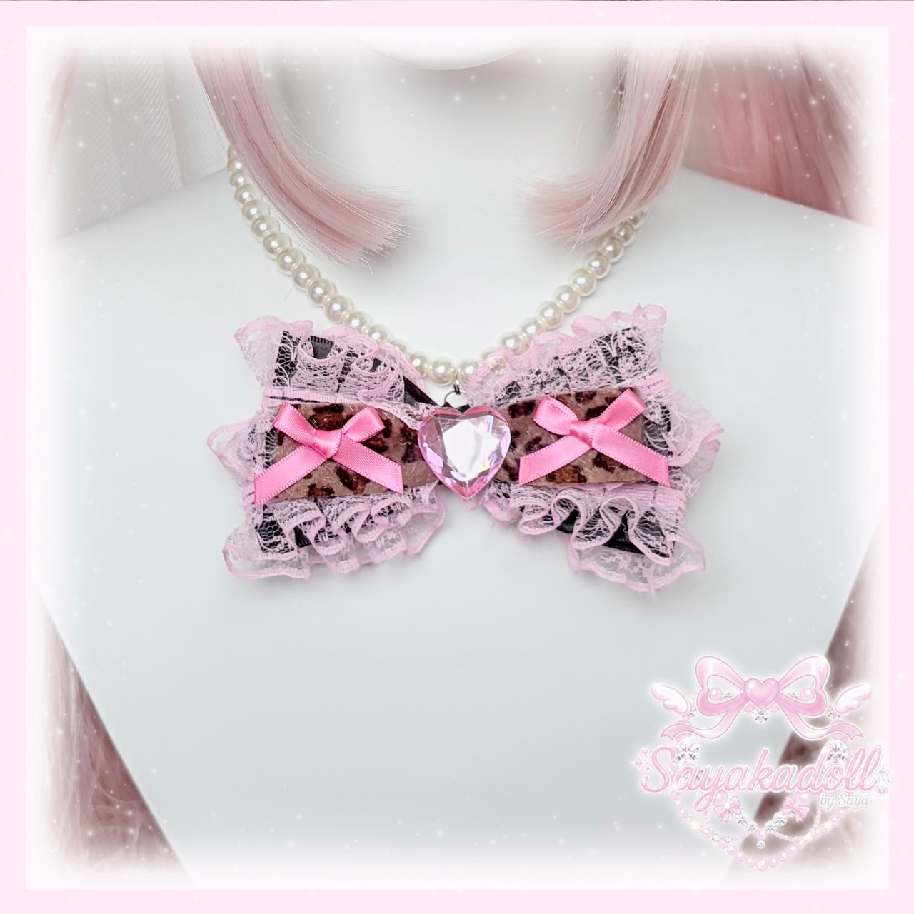 ♡ 姫GAL ヒョウ柄リボン ピンクフリルパールネックレス vivid pink×brown豹柄 ♡