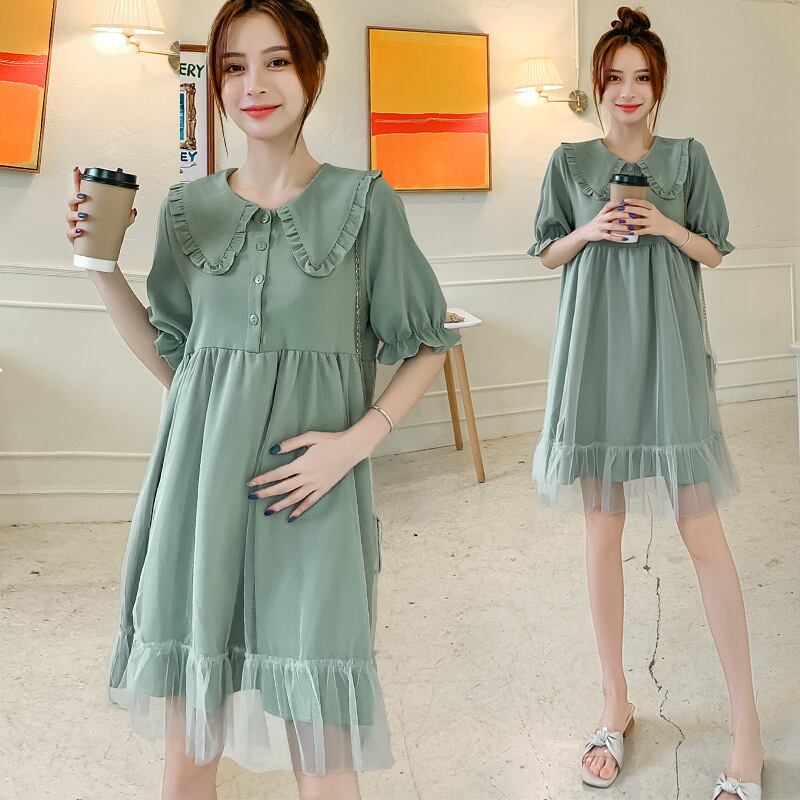 【新作】【送料無料】 マタニティドレス2020夏の新しいメッシュステッチパフスリーブドレス、襟の年齢を減らすミドル丈のマタニティドレス-アリババ サマー 夏物 expec231793627255