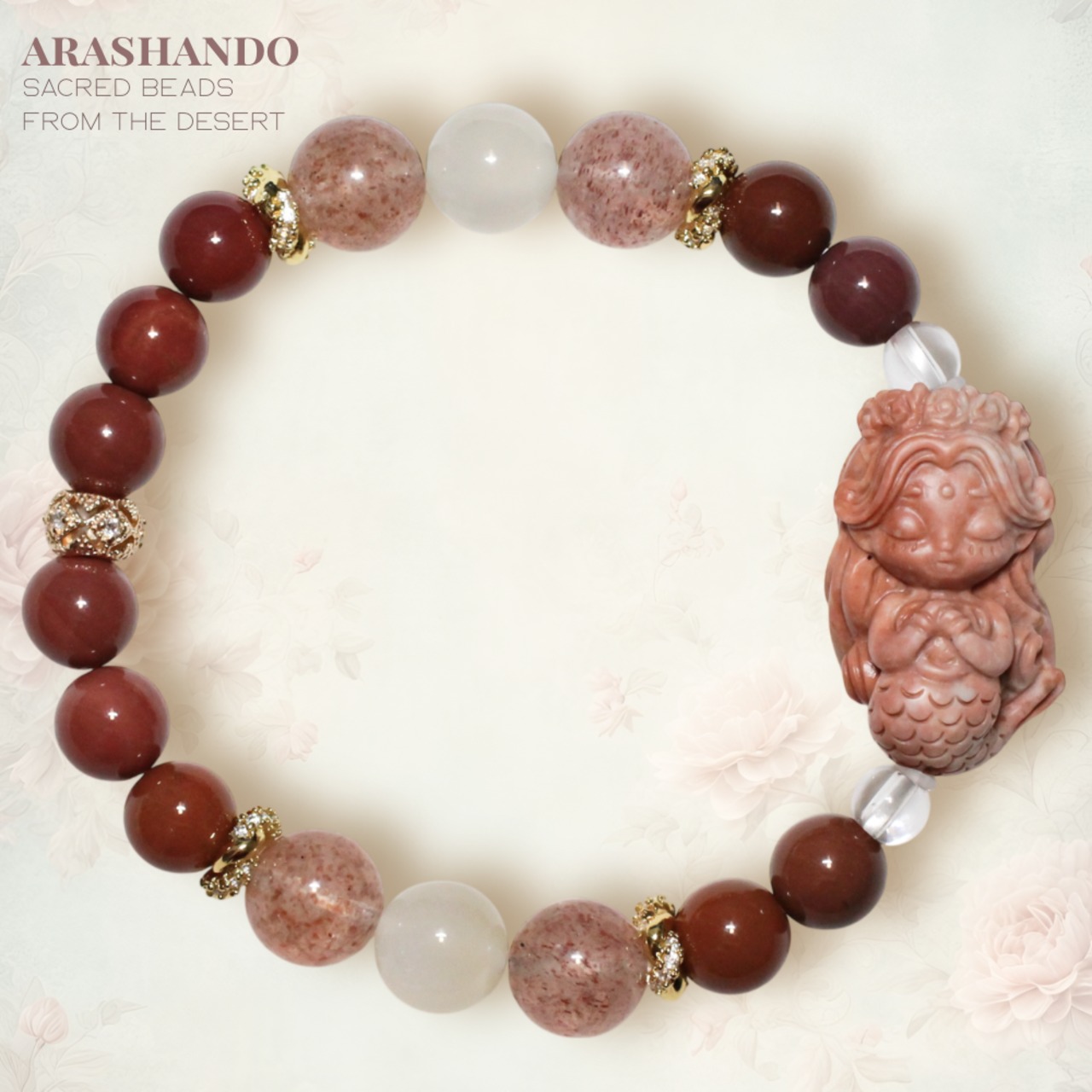 【送料無料】アラシャン瑪瑙 人魚彫刻 - ムーンストーン ストロベリークォーツ クリスタル 天然石 ブレスレット