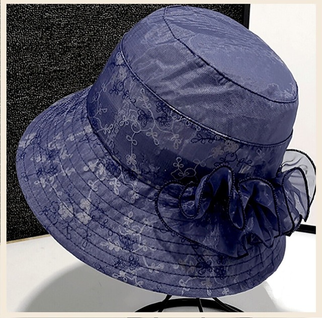 帽子 ハット 青 ブルー  刺繍 エレガント リボン フラワー 植物柄 春 夏 軽量 薄い 可愛い お洒落 軽い オーガンジー レディース かわいい リゾート 旅行 カジュアル