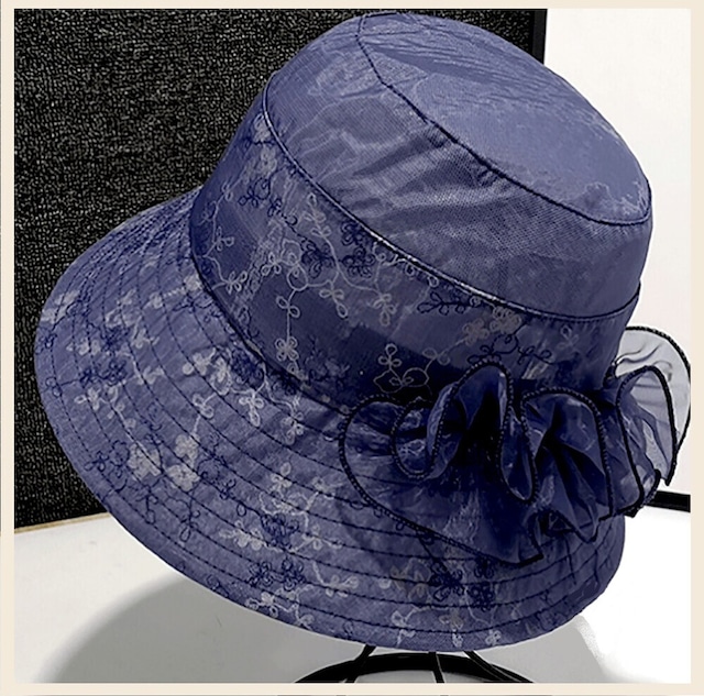 帽子 ハット 青 ブルー  刺繍 エレガント リボン フラワー 植物柄 春 夏 軽量 薄い 可愛い お洒落 軽い オーガンジー レディース かわいい リゾート 旅行 カジュアル