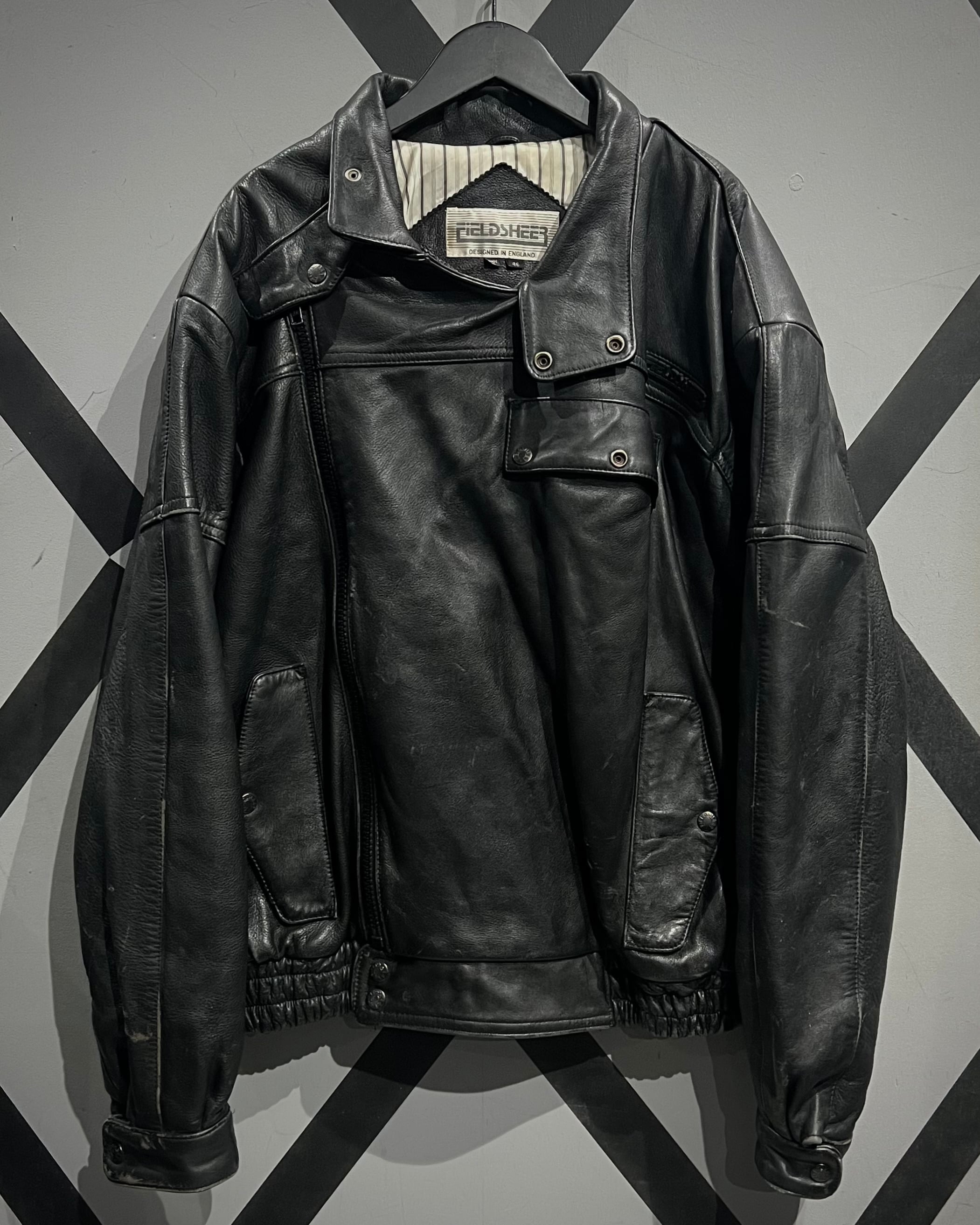 X VINTAGE】Asymmetric Zip Design Vintage Leather Jacket | Caka
