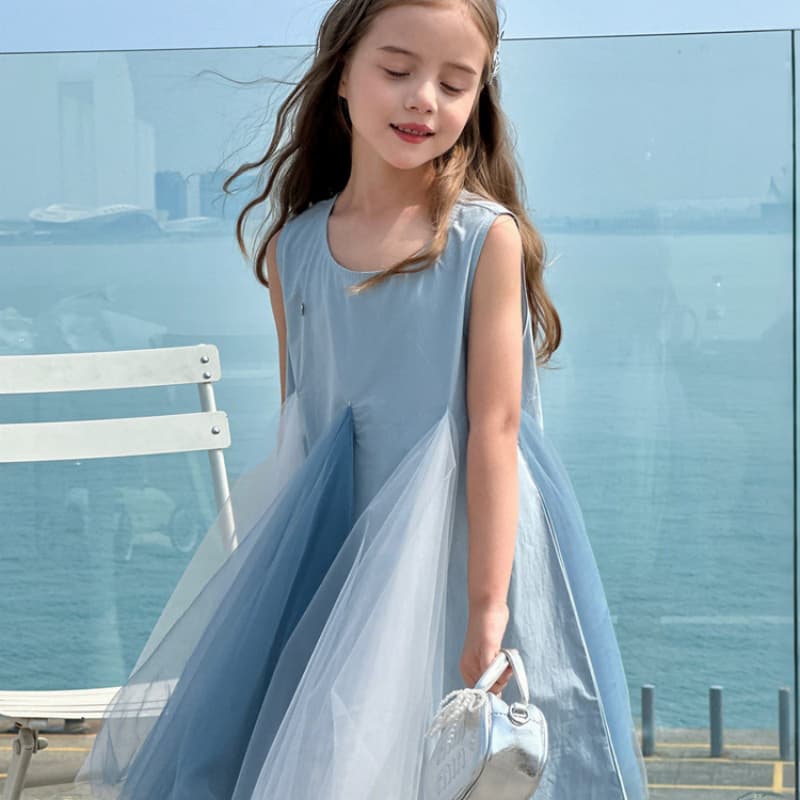 2025年女の子ワンピース カラーブロックベストドレス 中・大童用プリンセスローブ ビーチリゾート着