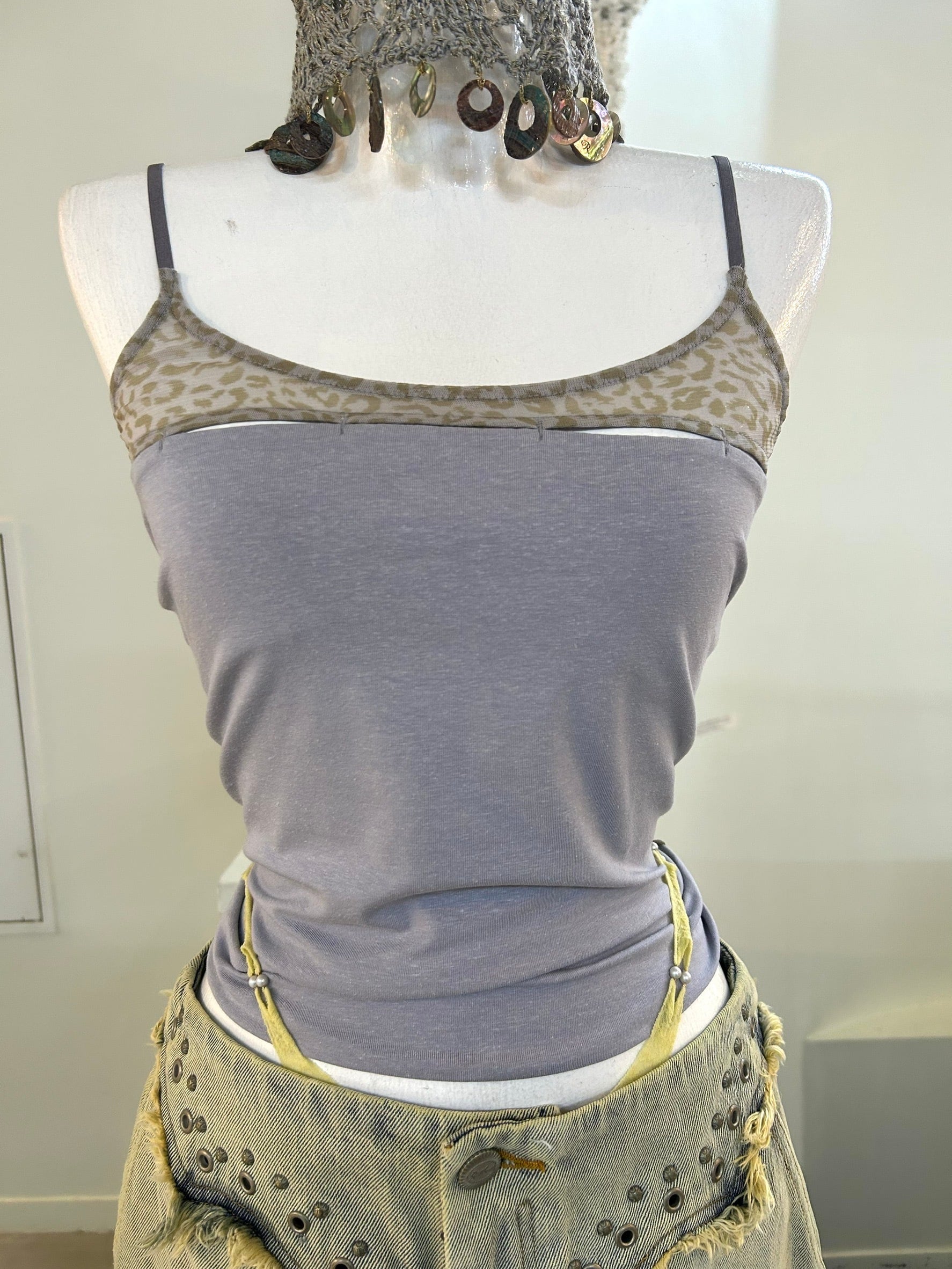 RUIbuilt Ripple Knit Combo Leopard Mesh Top